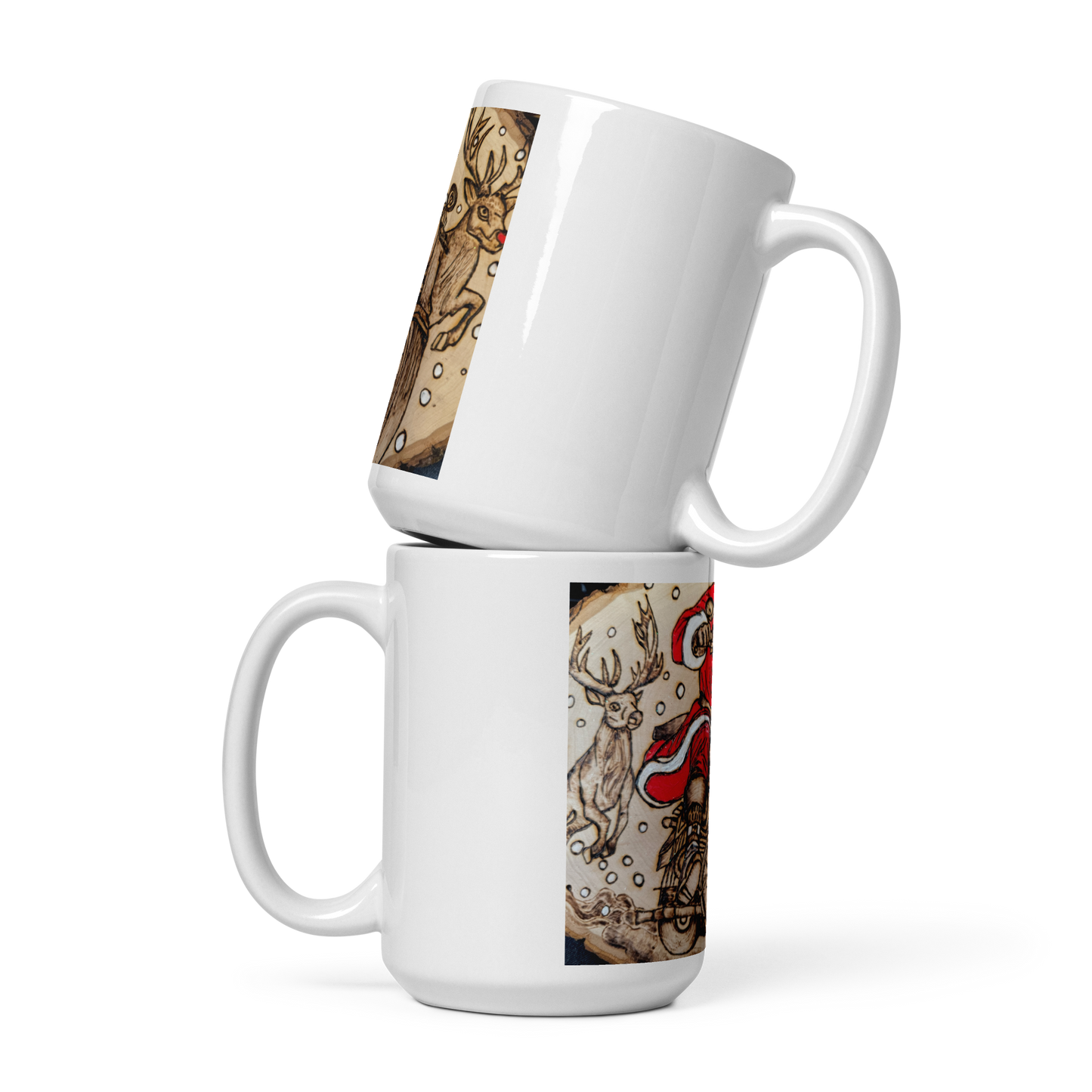 Wood Burned Santa Art on White glossy mug