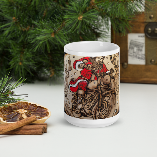 Wood Burned Santa Art on White glossy mug