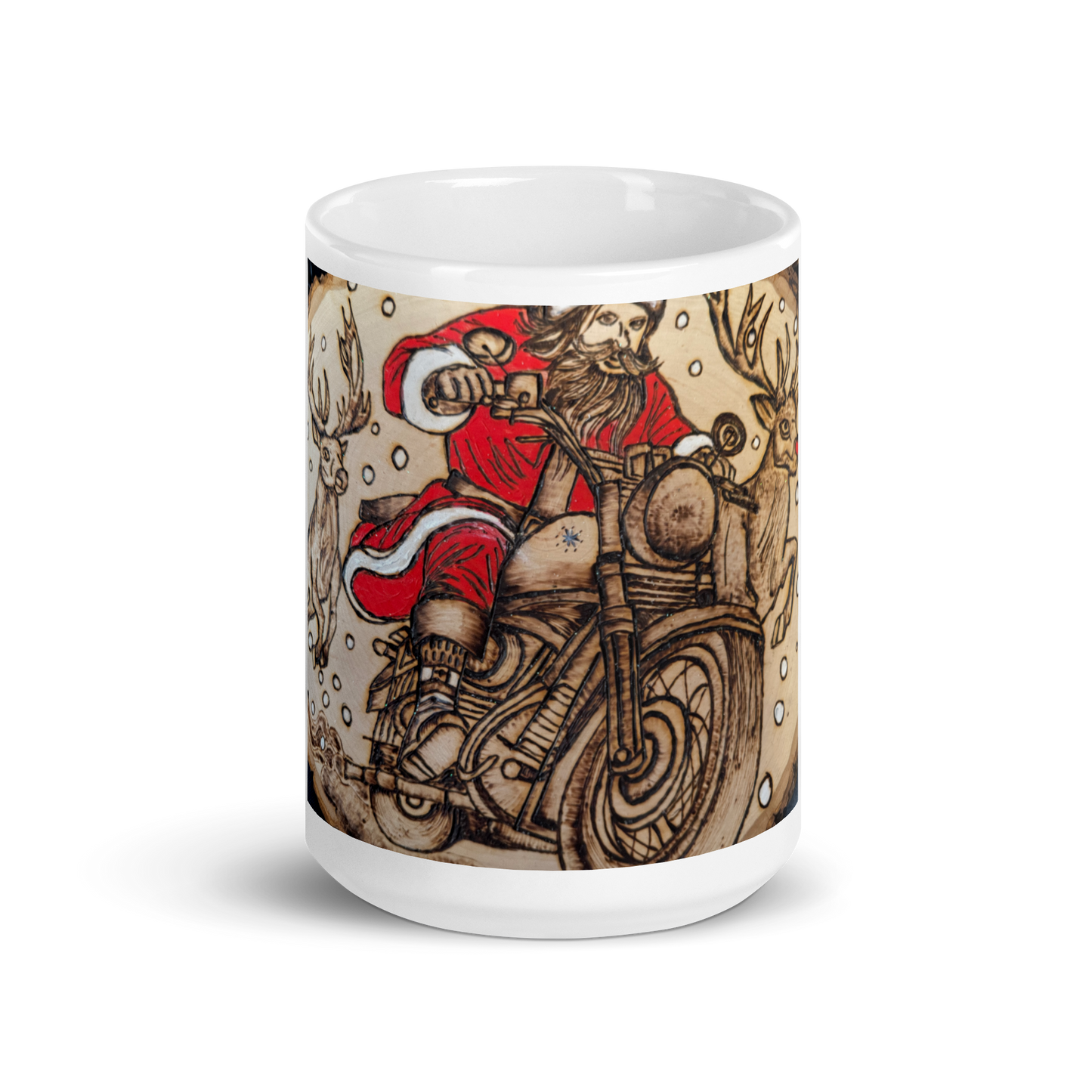 Wood Burned Santa Art on White glossy mug